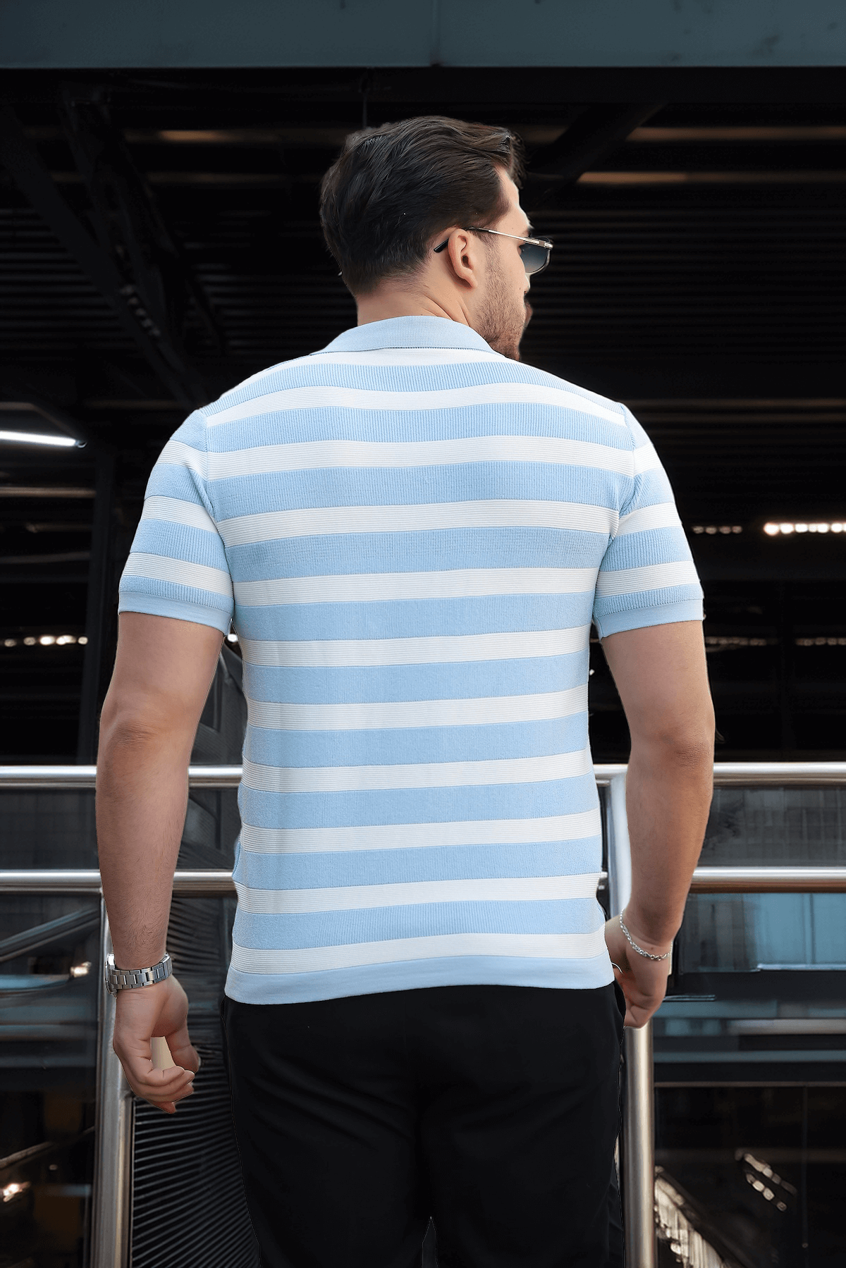 Premium Yan Çizgili Viskon Polo Yaka Triko Erkek T-Shirt - Mavi · 4