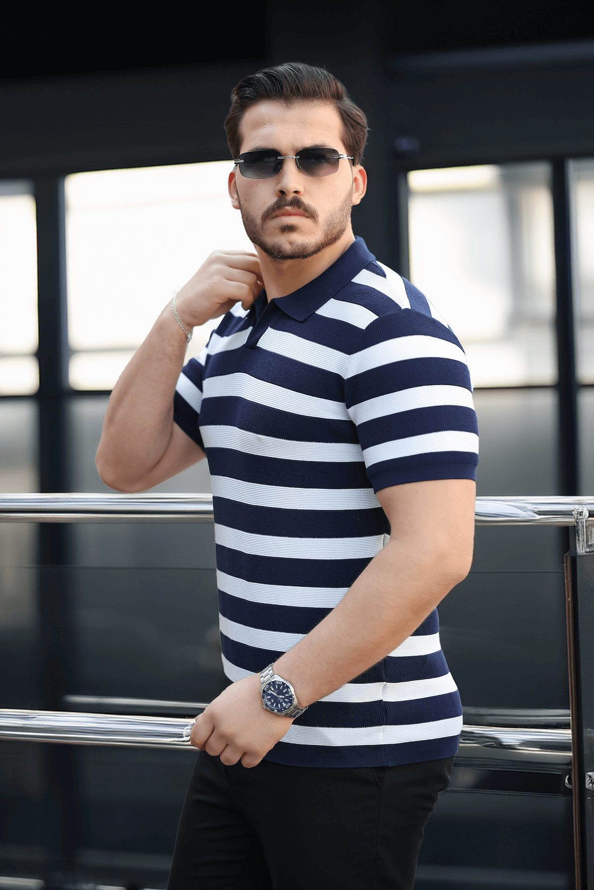 Premium Yan Çizgili Viskon Polo Yaka Triko Erkek T-Shirt - Lacivert · 3