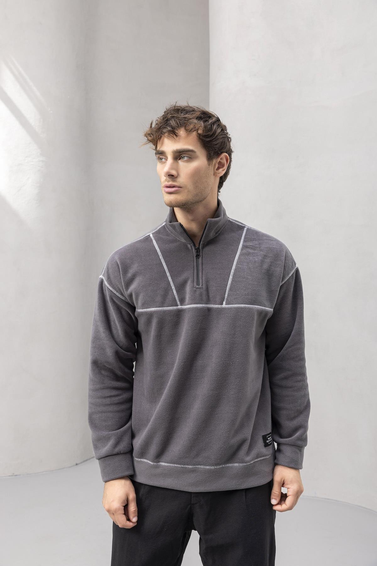 Crowe Çizgi Şeritli Oversize Yarım Fermuar Polar Erkek Sweatshirt - Füme · 4