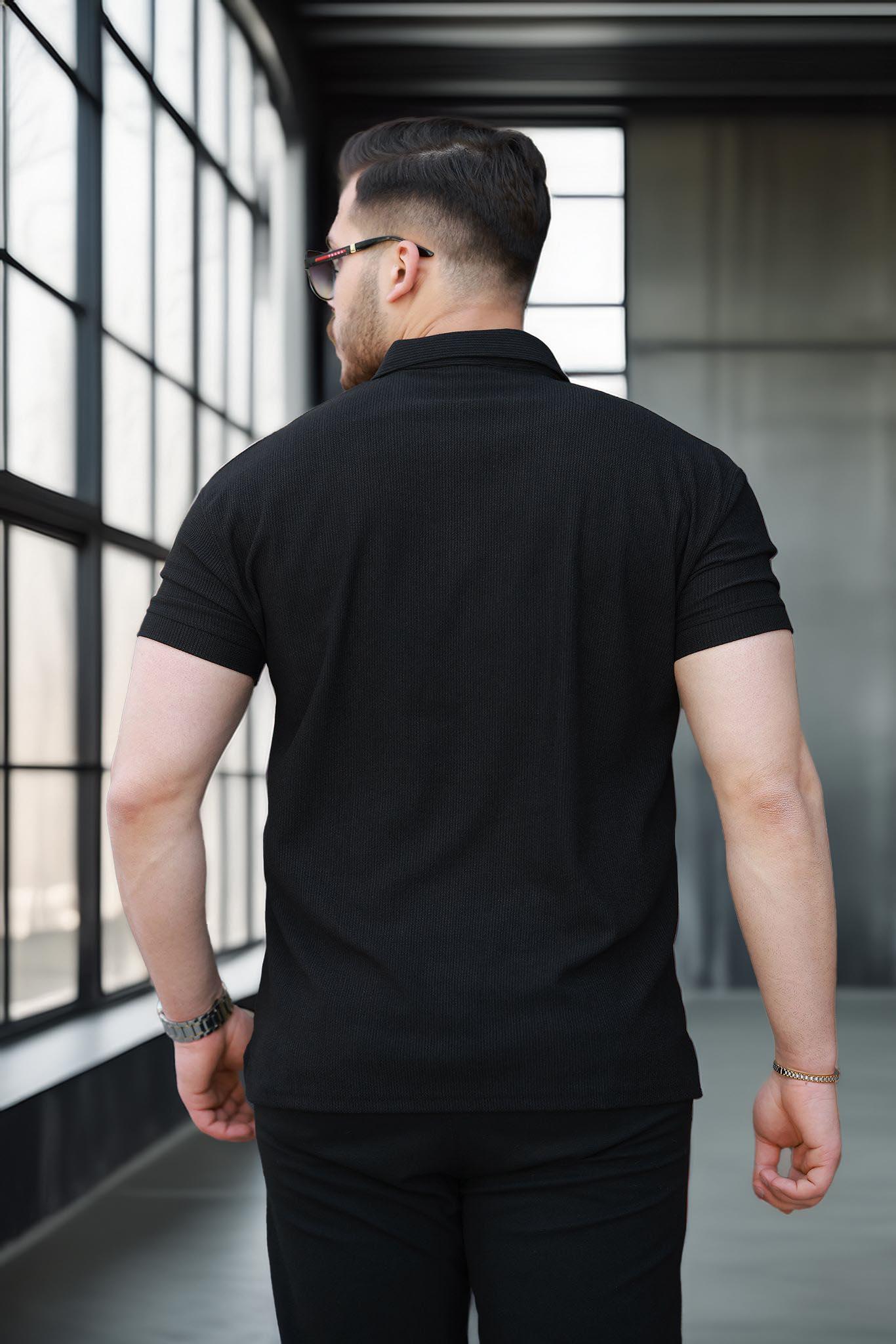 Likralı Örme Yarım Fermuar Polo Yaka Erkek Tişört - Siyah · 4
