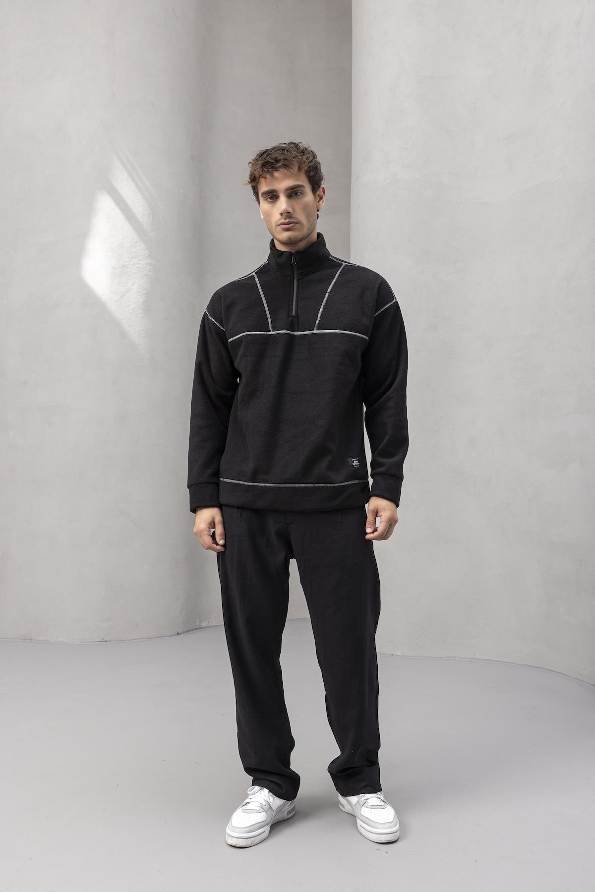 Crowe Çizgi Şeritli Oversize Yarım Fermuar Polar Erkek Sweatshirt - Siyah · 4