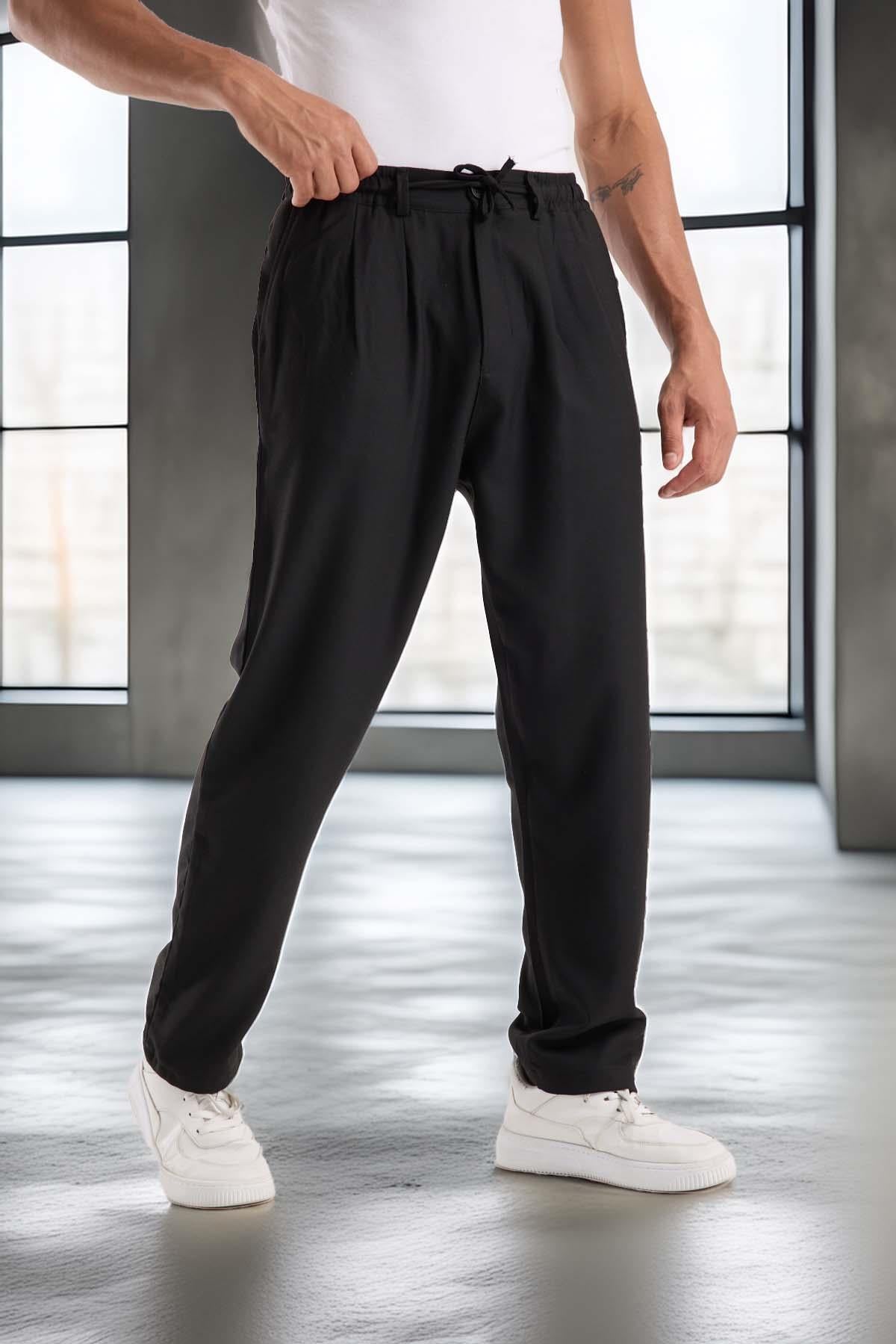 Bezayağı Kumaş Relax Fit Duble Paça Jogger Pantolon - Siyah