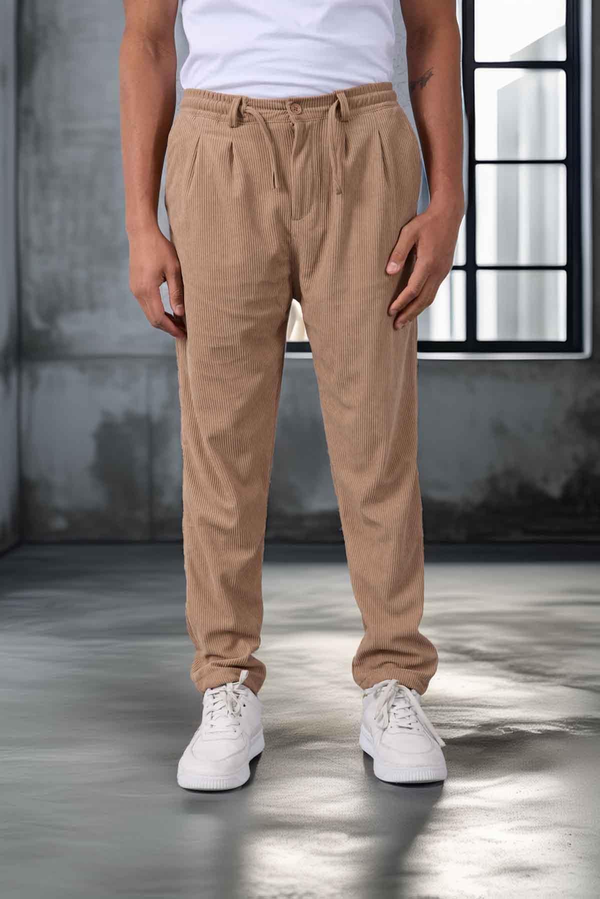 Roy Regular Fit Beli Lastikli Fitilli Kadife Kumaş Fermuarlı Jogger Erkek Pantolon - Bej