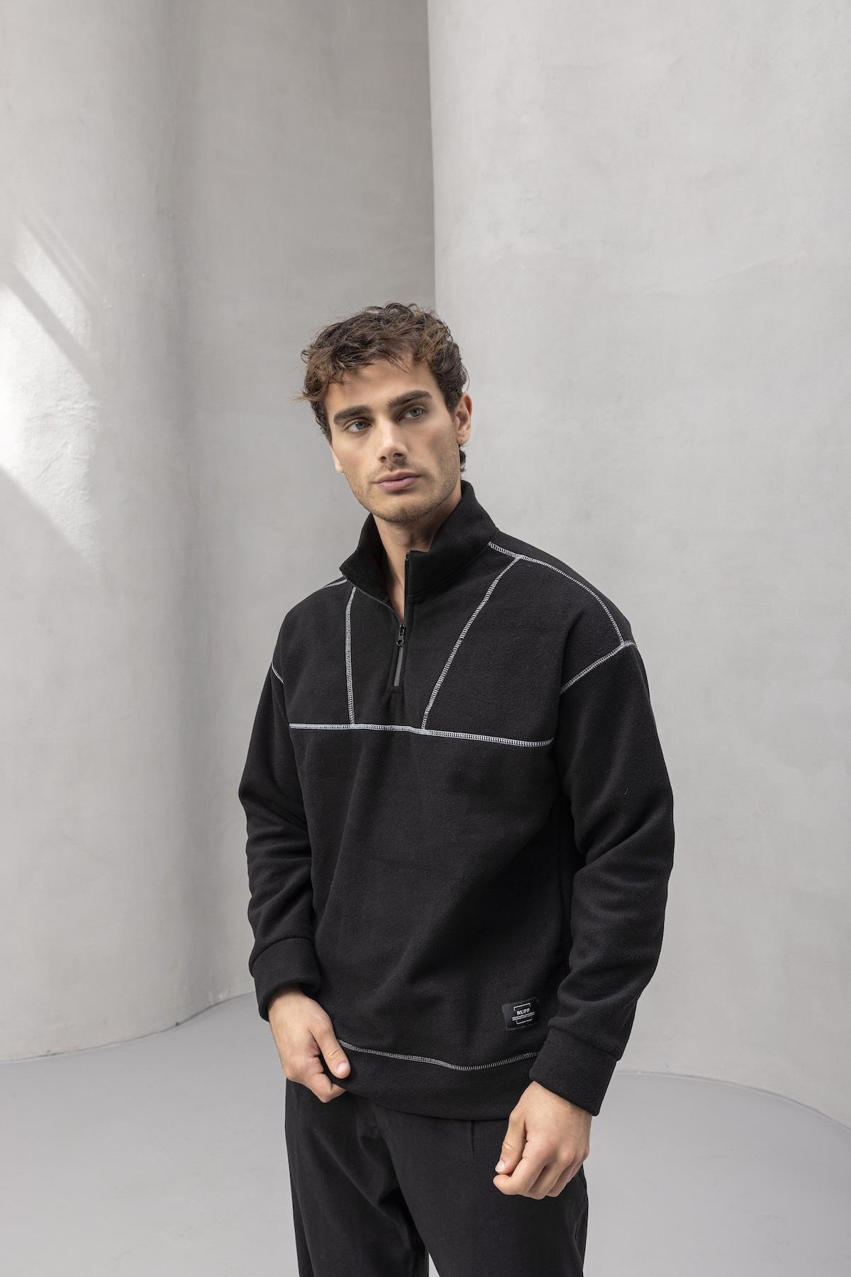 Crowe Çizgi Şeritli Oversize Yarım Fermuar Polar Erkek Sweatshirt - Siyah · 6
