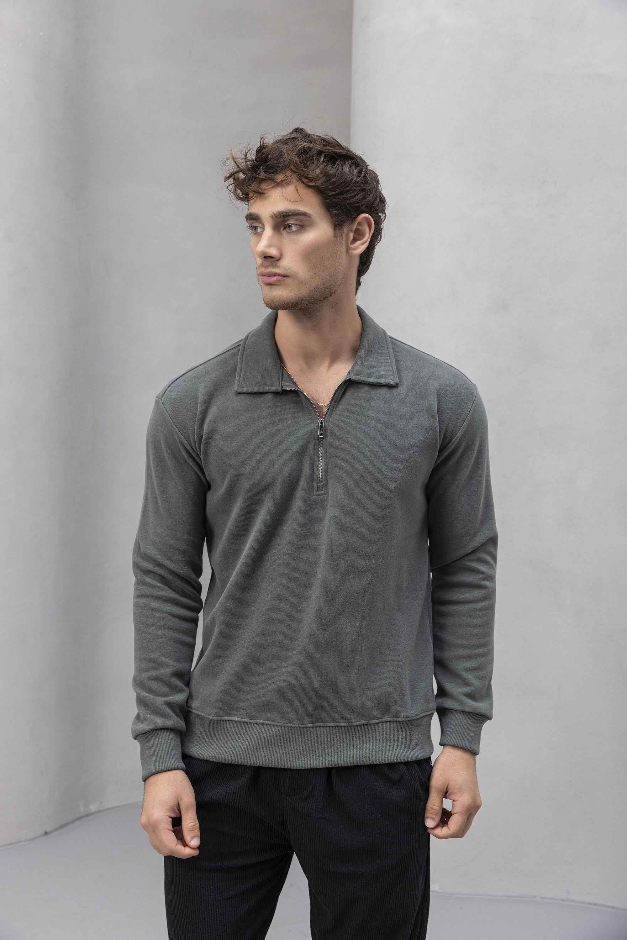 Eric Relax Fit Yarım Fermuarlı Polo Yaka Selanik Kumaş Erkek Sweatshirt - Avcı Yeşili · 2