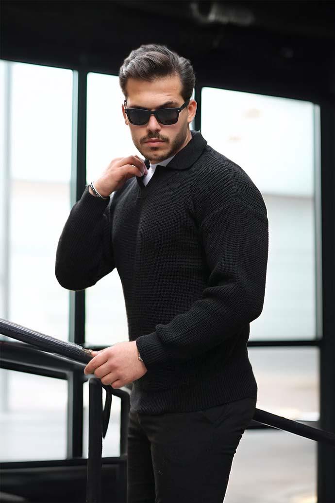 Joris Oversize Gömlek Polo Yaka Selanik Örgülü Erkek Triko Kazak - Siyah · 5