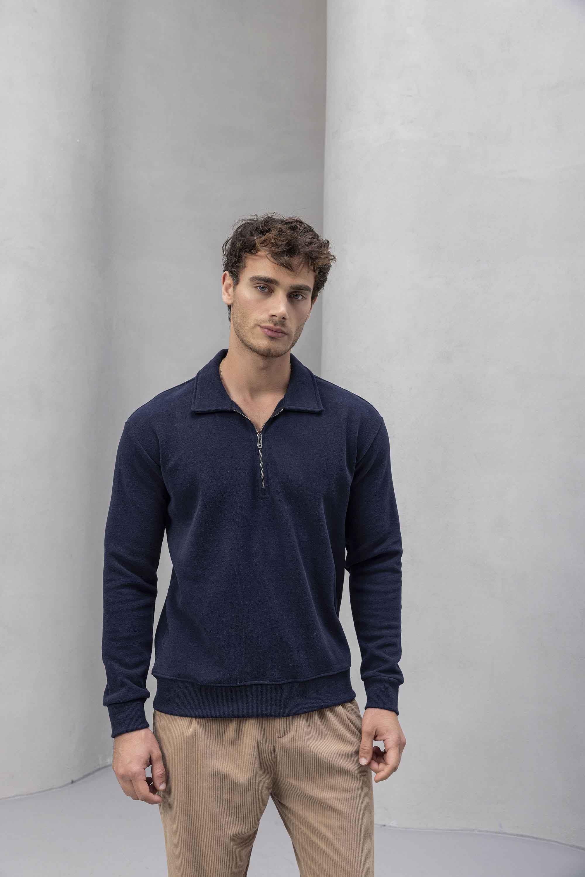 Eric Relax Fit Yarım Fermuarlı Polo Yaka Selanik Kumaş Erkek Sweatshirt - Lacivert · 6