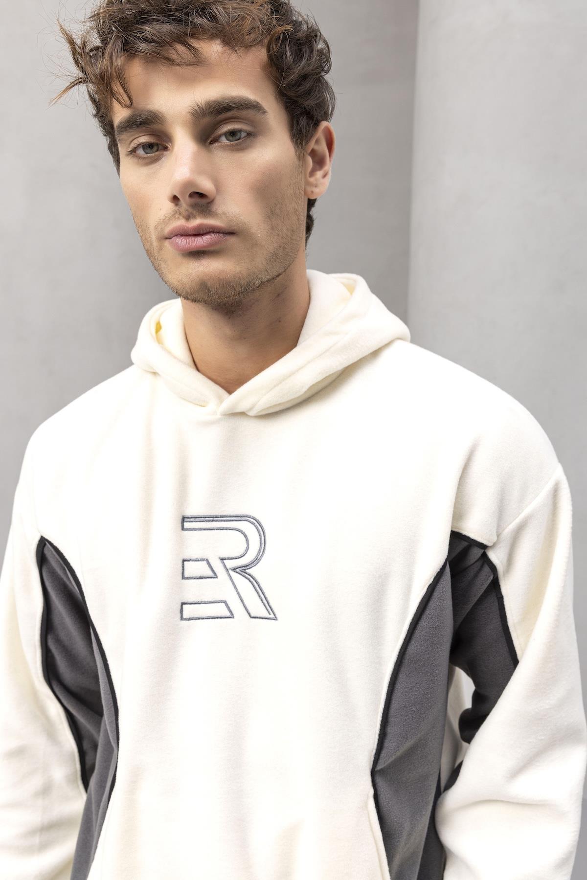 Frank Parçalı Kontrast Desenli Kapüşonlu Oversize Cepli Polar Erkek Sweatshirt - Ekru · 3