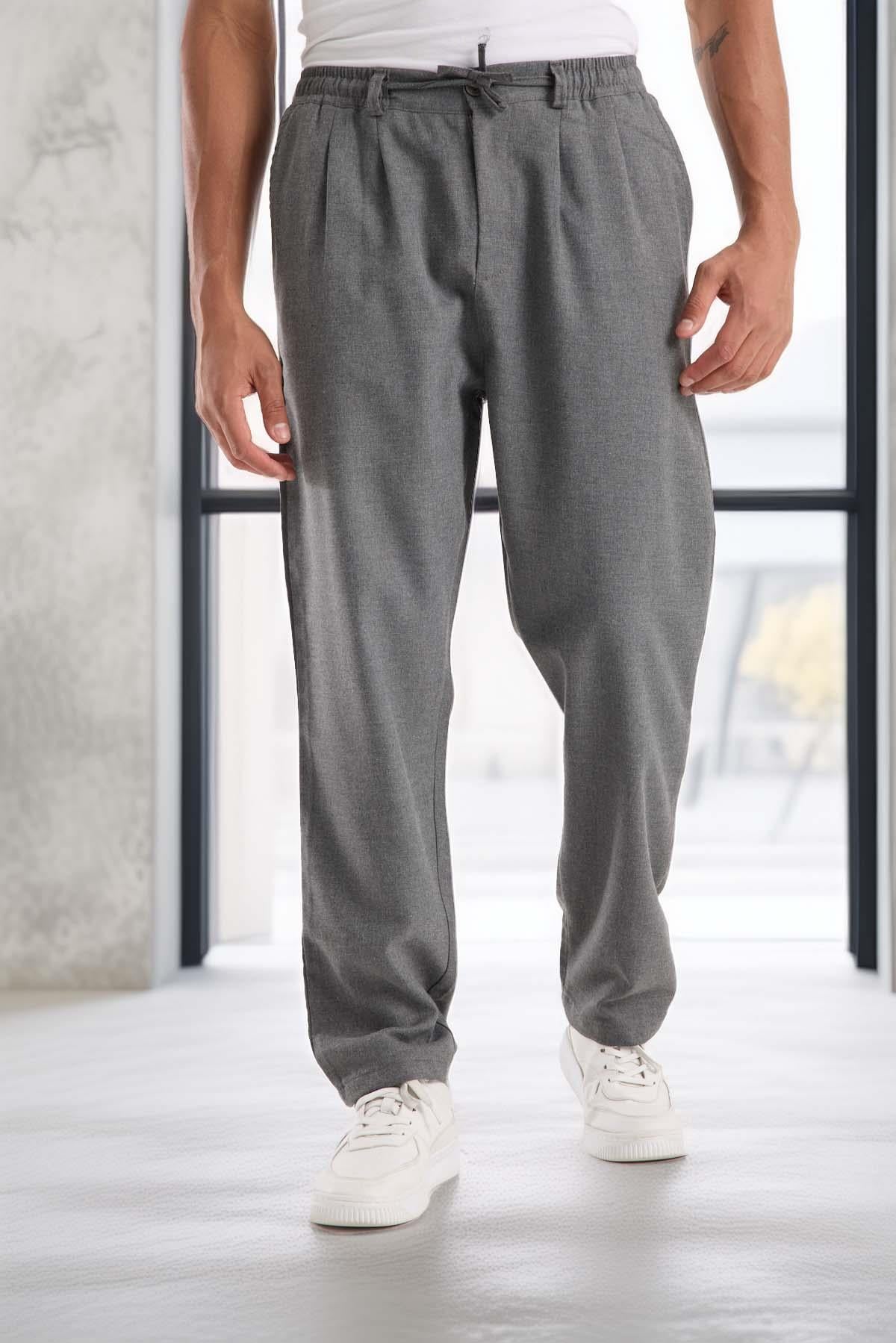 Bezayağı Kumaş Relax Fit Duble Paça Jogger Pantolon - Gri