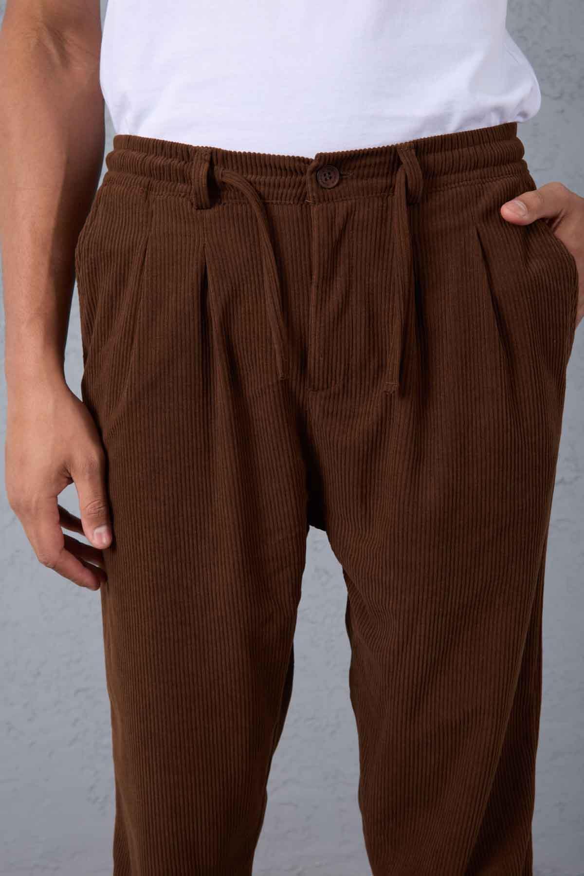 Roy Regular Fit Beli Lastikli Fitilli Kadife Kumaş Fermuarlı Jogger Erkek Pantolon - Kahve · 2