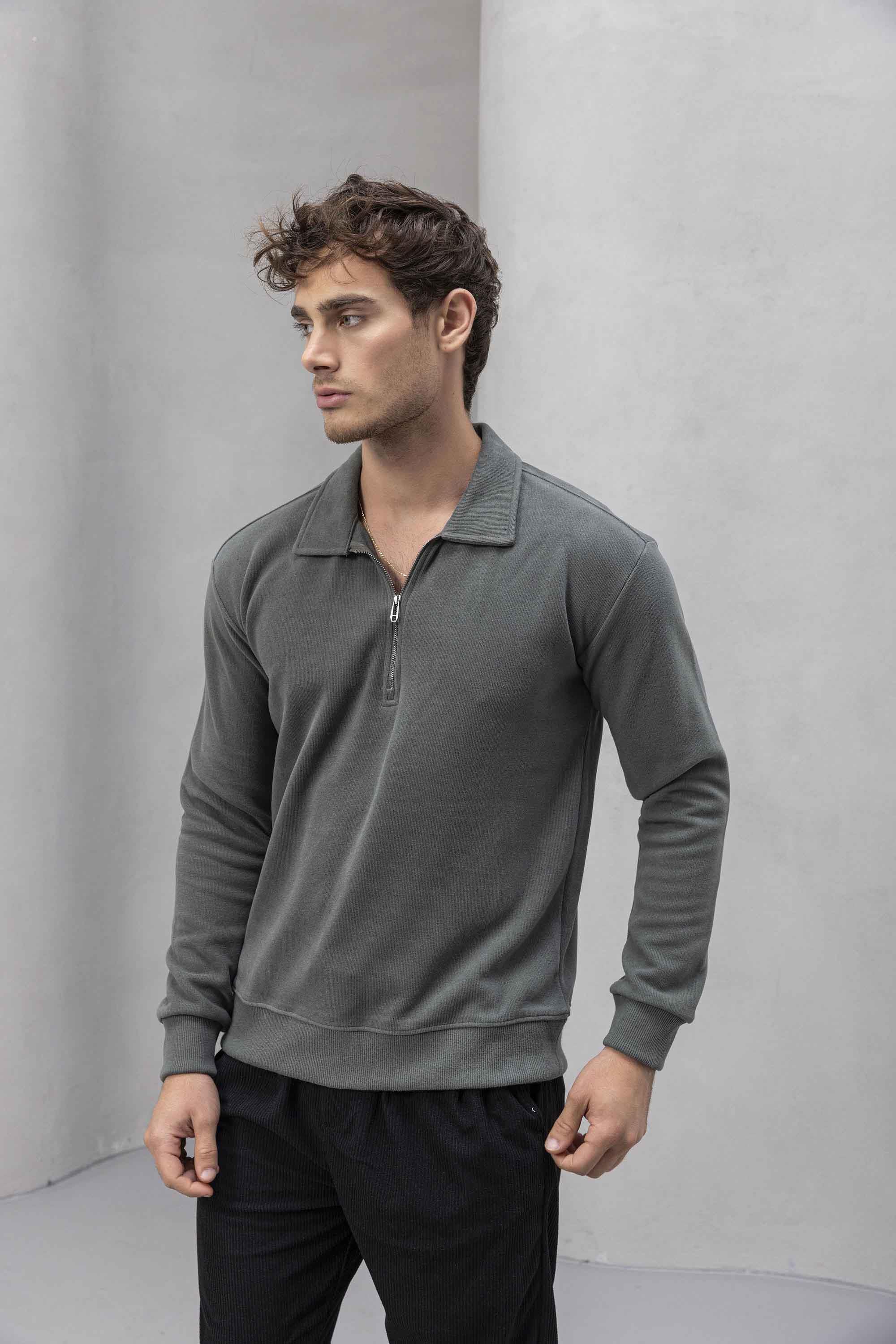 Eric Relax Fit Yarım Fermuarlı Polo Yaka Selanik Kumaş Erkek Sweatshirt - Avcı Yeşili · 5