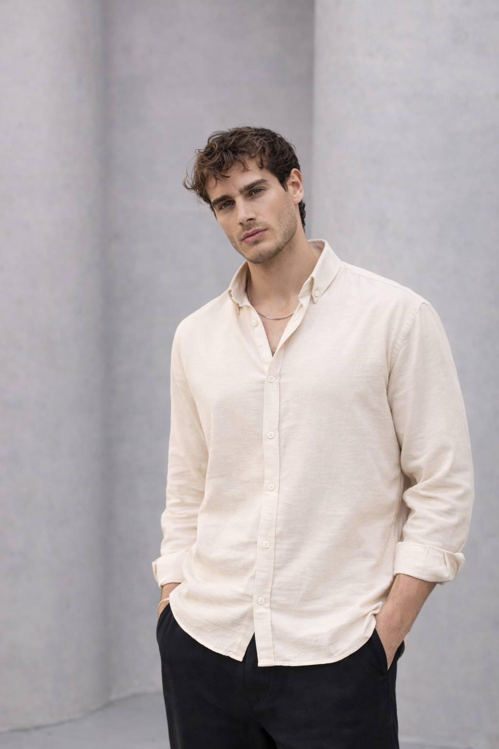 Scott – Soft Dokulu Yarım Oversize Modern Keten Görünümlü Erkek Gömlek - Bej · 3