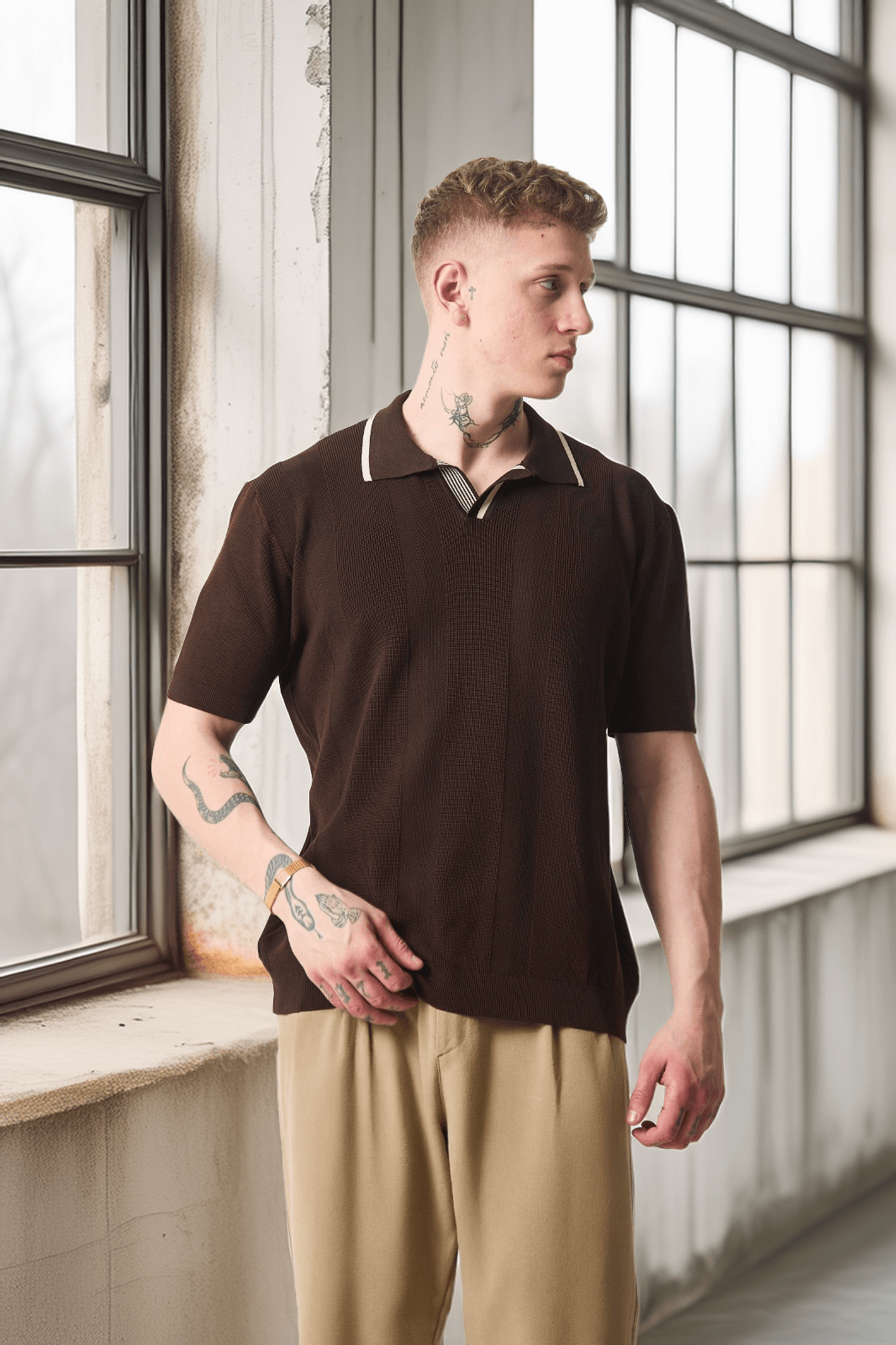 Yakası Şeritli Viskon Polo Yaka Triko Erkek T-Shirt - Kahve · 5
