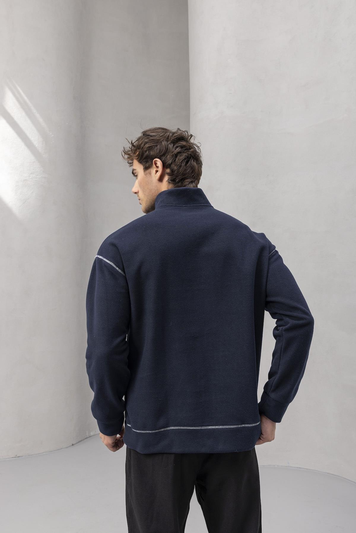 Crowe Çizgi Şeritli Oversize Yarım Fermuar Polar Erkek Sweatshirt - Lacivert · 7