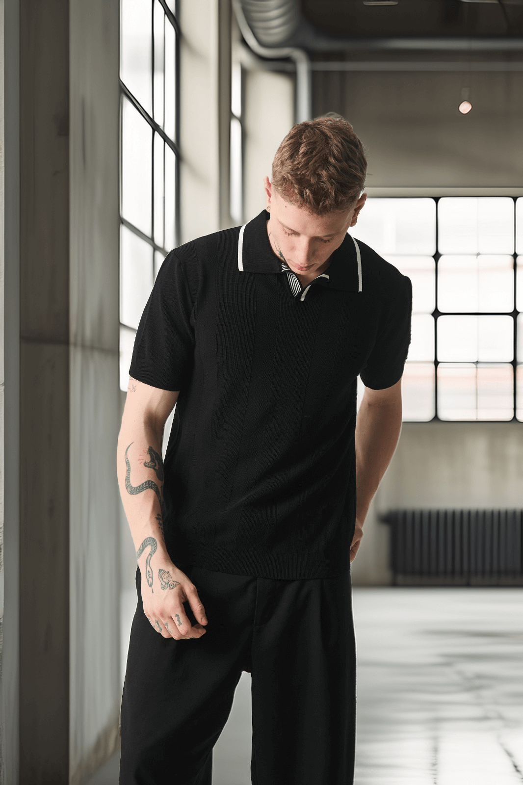 Yakası Şeritli Viskon Polo Yaka Triko Erkek T-Shirt - Siyah · 2