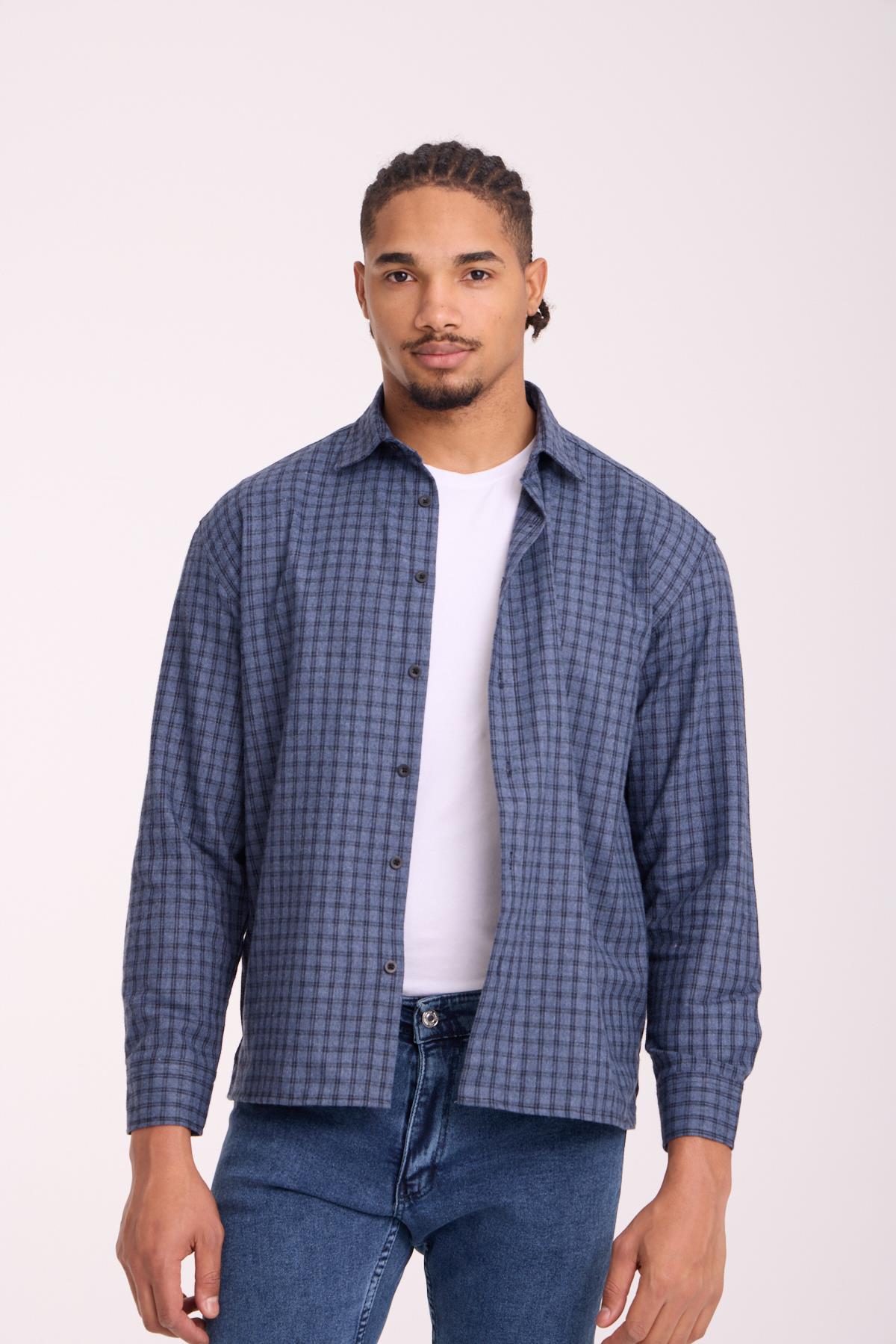 Alfonso Ekose Büyük Kareli Relaxed Fit %100 Pamuklu Flanel Kumaş Erkek Gömlek - Mavi · 4