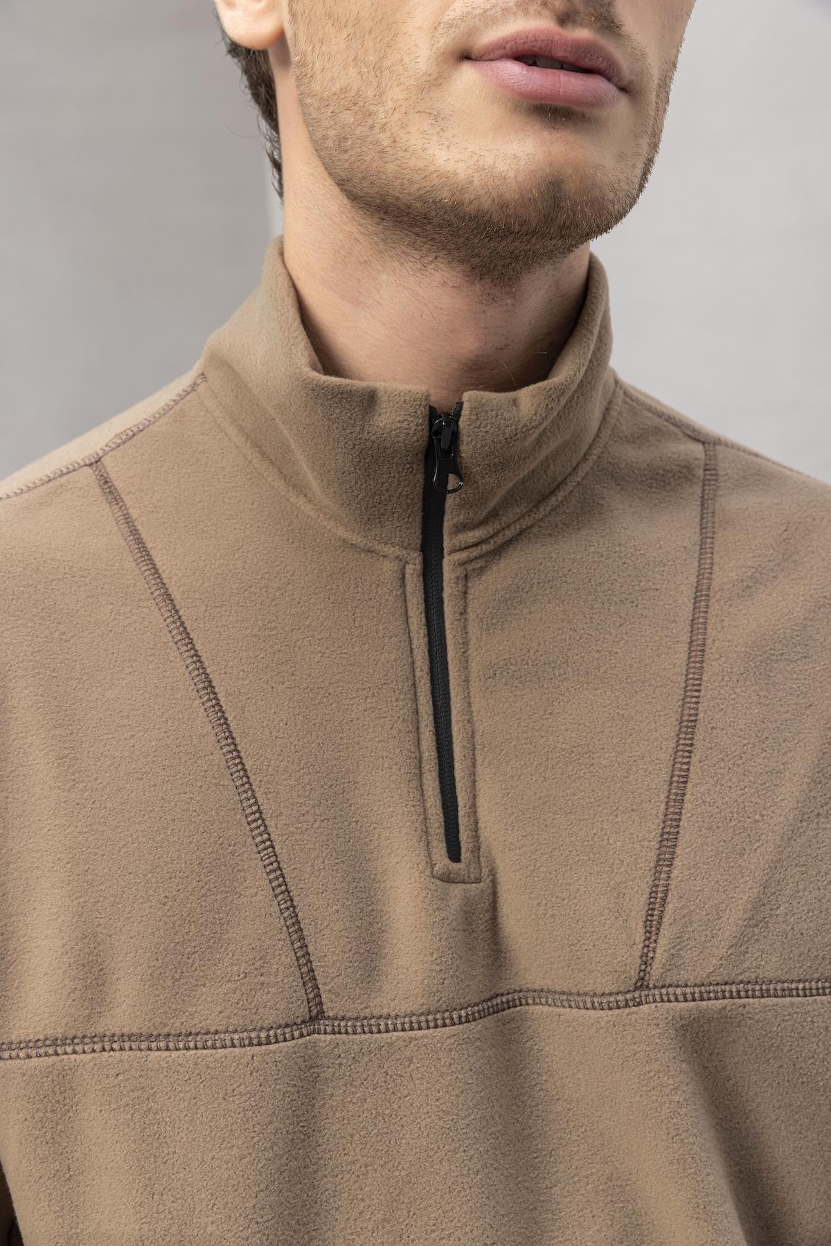 Crowe Çizgi Şeritli Oversize Yarım Fermuar Polar Erkek Sweatshirt - Bej · 3