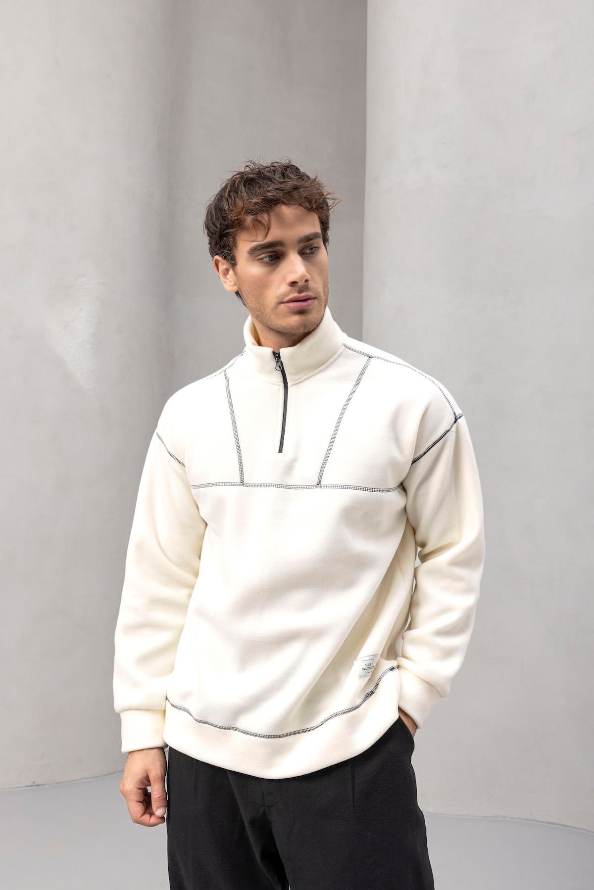 Crowe Çizgi Şeritli Oversize Yarım Fermuar Polar Erkek Sweatshirt - Ekru · 3