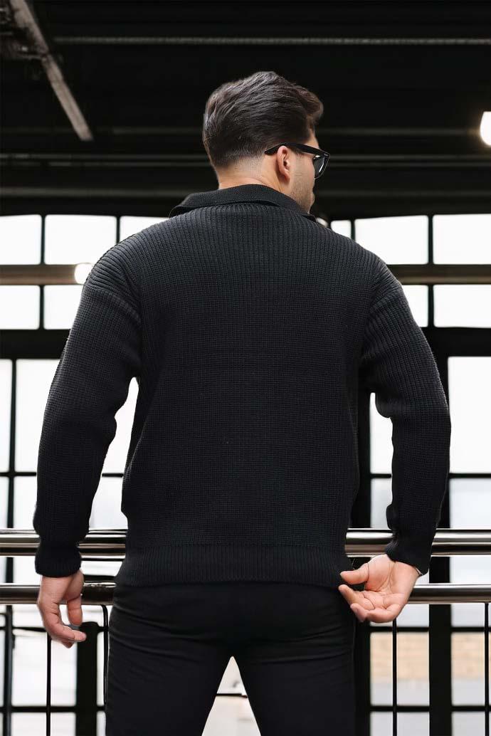 Joris Oversize Gömlek Polo Yaka Selanik Örgülü Erkek Triko Kazak - Siyah · 7