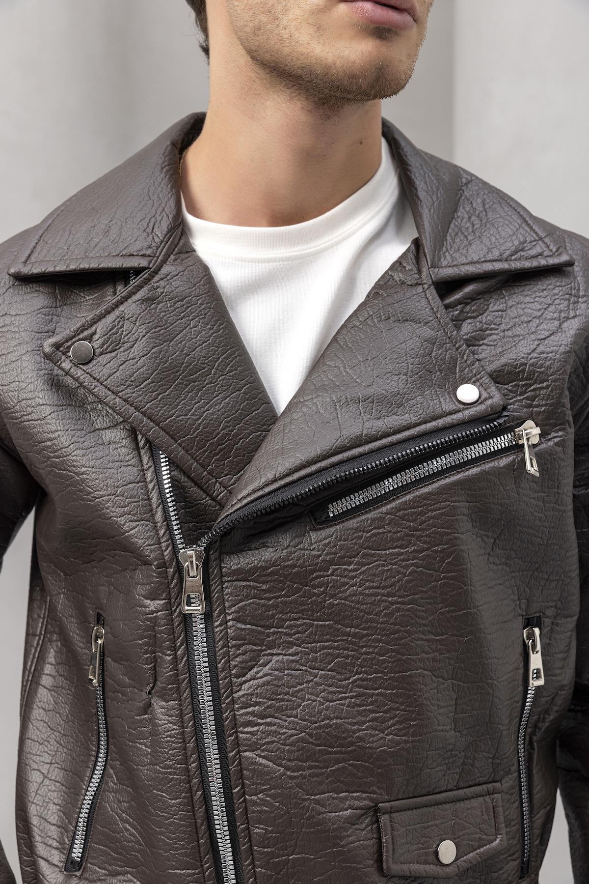 Russell Çok Cepli Biker Deri Görünümlü Erkek Ceket - Kahve · 3