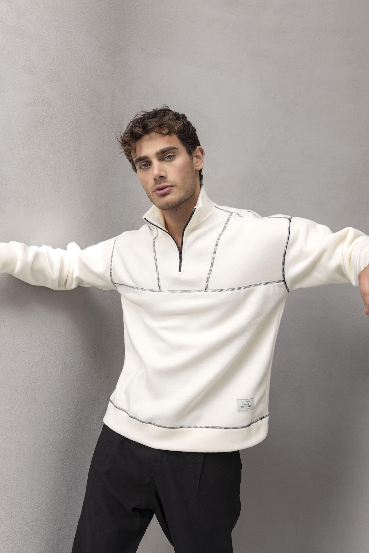 Crowe Çizgi Şeritli Oversize Yarım Fermuar Polar Erkek Sweatshirt - Ekru · 6