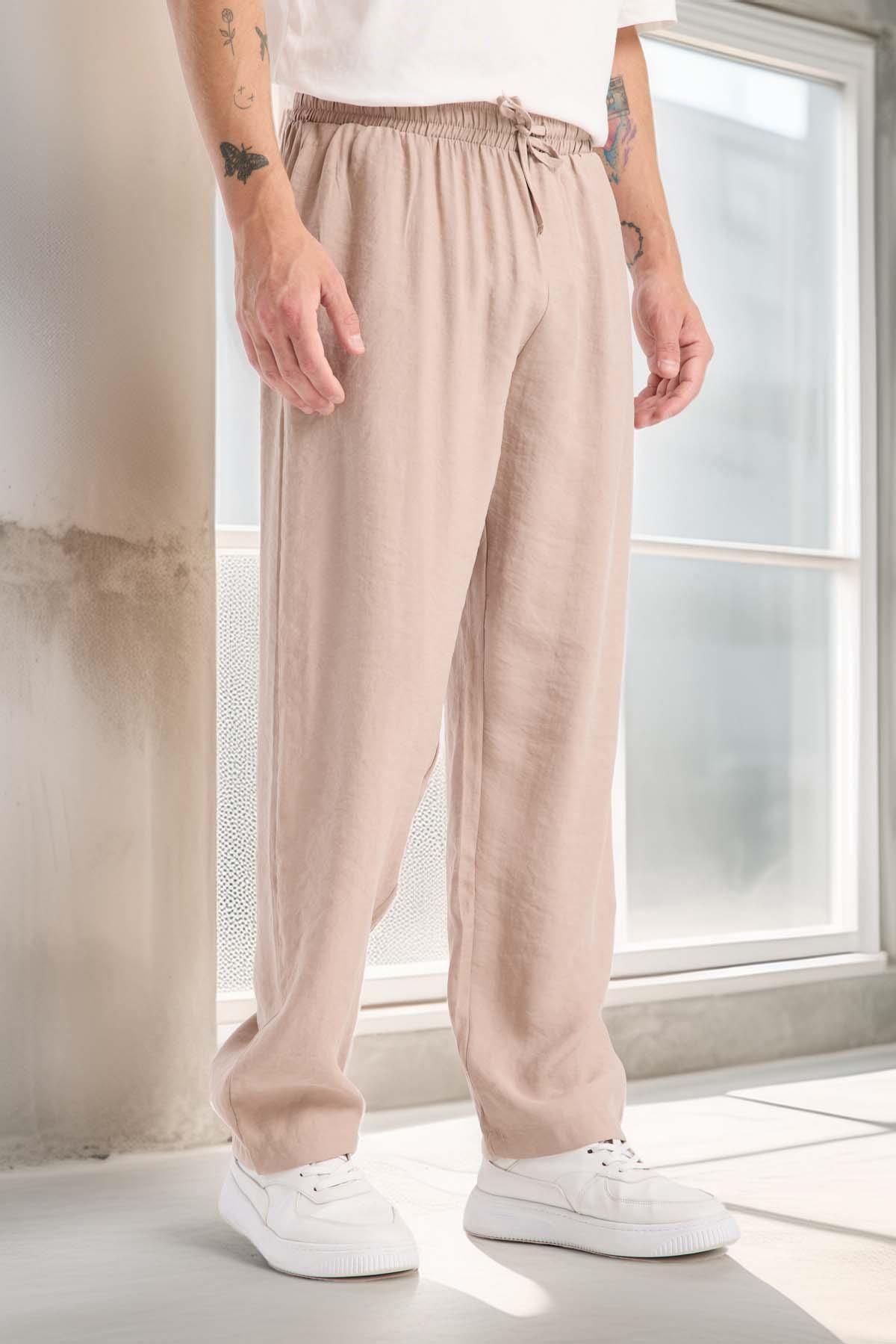 Modal Kumaş Rahat Kalıp Düz Paça Jogger Erkek Pantolon - Bej · 2