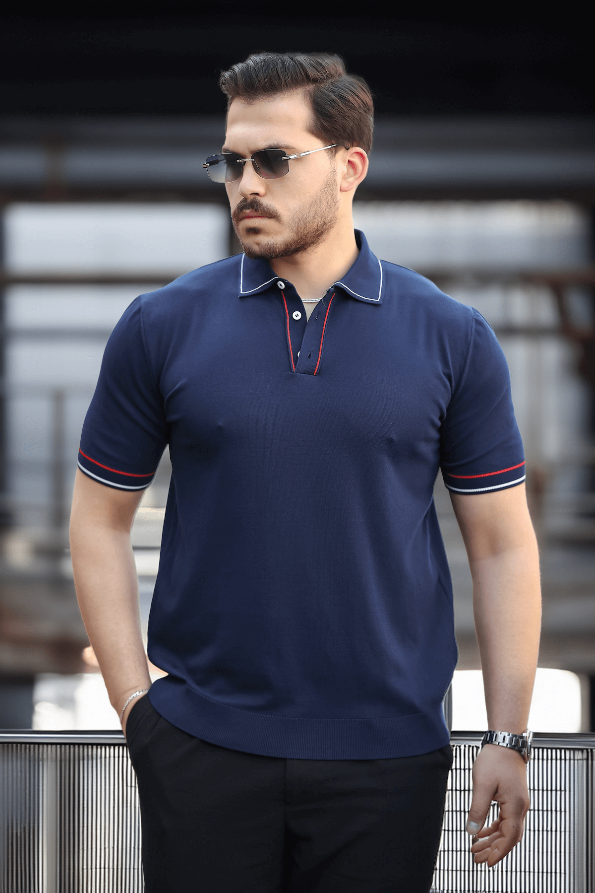 Premium Şerit Detaylı Viskon Polo Yaka Triko Erkek T-Shirt - Lacivert · 3