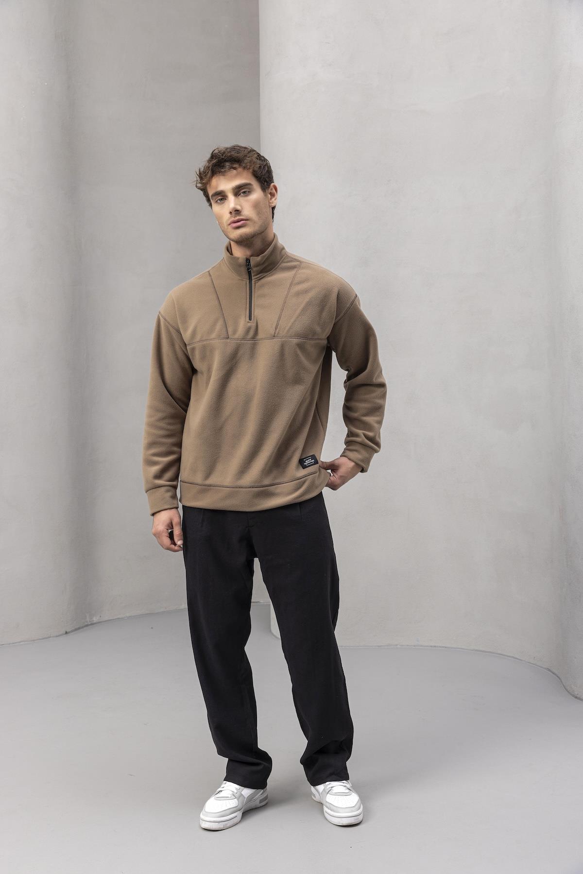 Crowe Çizgi Şeritli Oversize Yarım Fermuar Polar Erkek Sweatshirt - Bej · 6