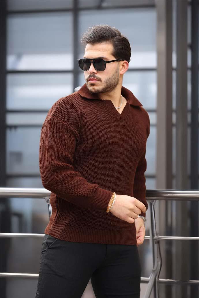 Joris Oversize Gömlek Polo Yaka Selanik Örgülü Erkek Triko Kazak - Kahve · 4