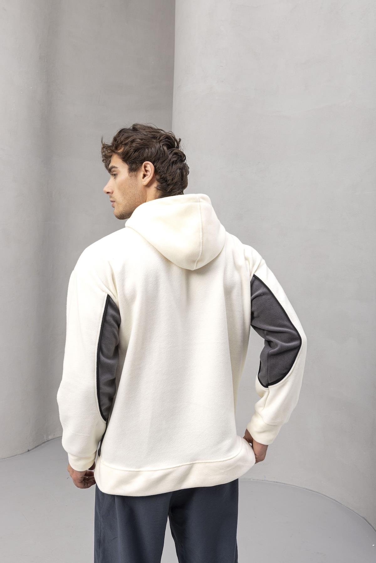 Frank Parçalı Kontrast Desenli Kapüşonlu Oversize Cepli Polar Erkek Sweatshirt - Ekru · 7