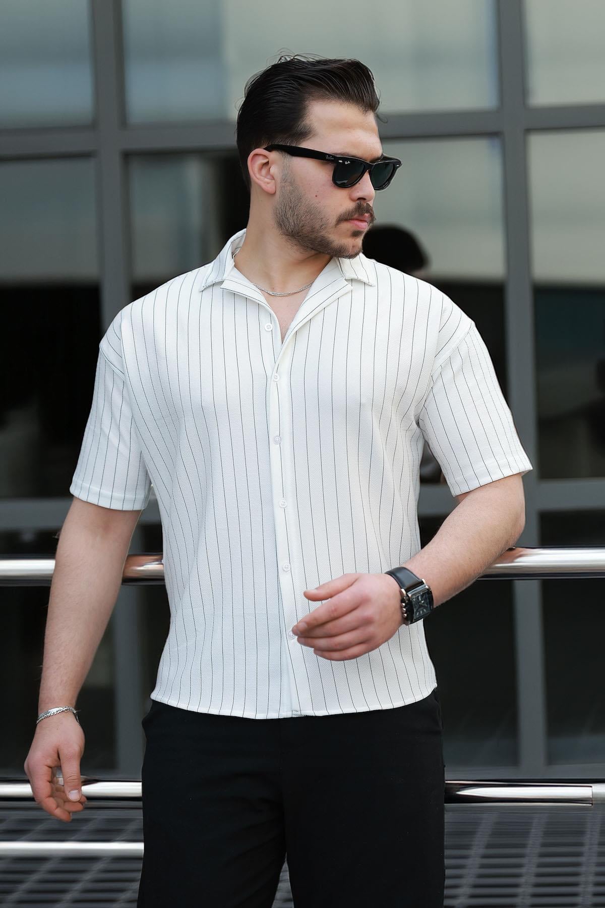 Apaş Yaka Krep Kumaş Çizgili Yarım Oversize Erkek Gömlek - Beyaz · 3