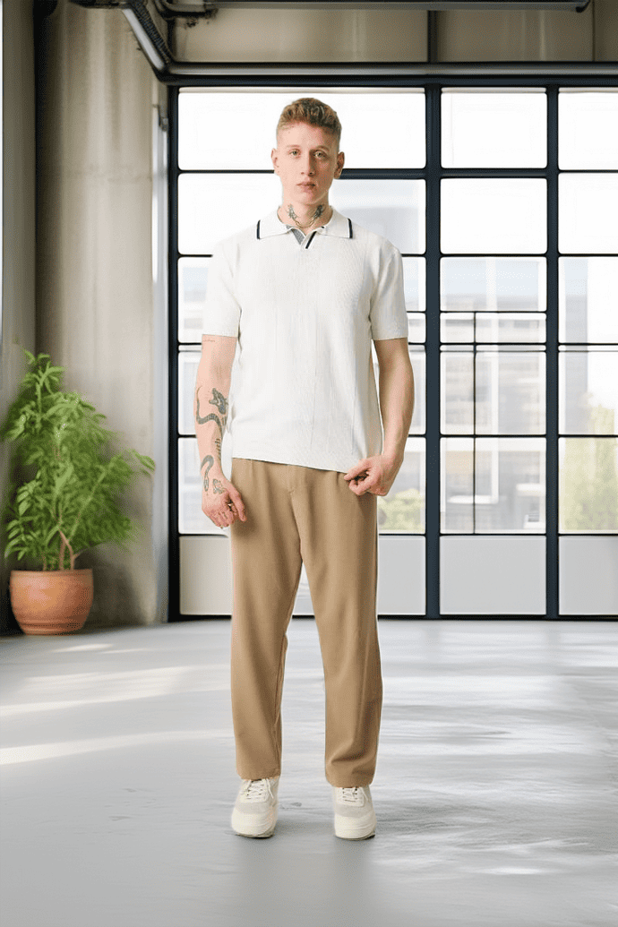 Yakası Şeritli Viskon Polo Yaka Triko Erkek T-Shirt - Ekru · 4