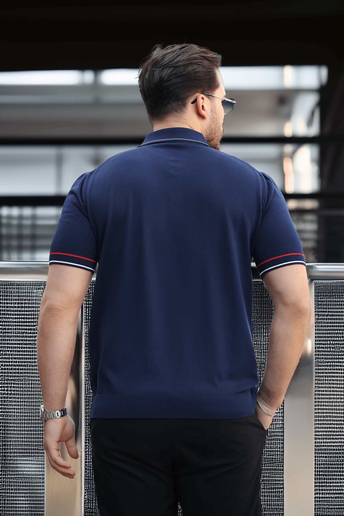 Premium Şerit Detaylı Viskon Polo Yaka Triko Erkek T-Shirt - Lacivert · 4