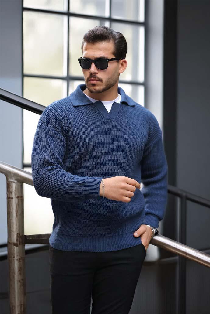 Joris Oversize Gömlek Polo Yaka Selanik Örgülü Erkek Triko Kazak - İndigo · 3