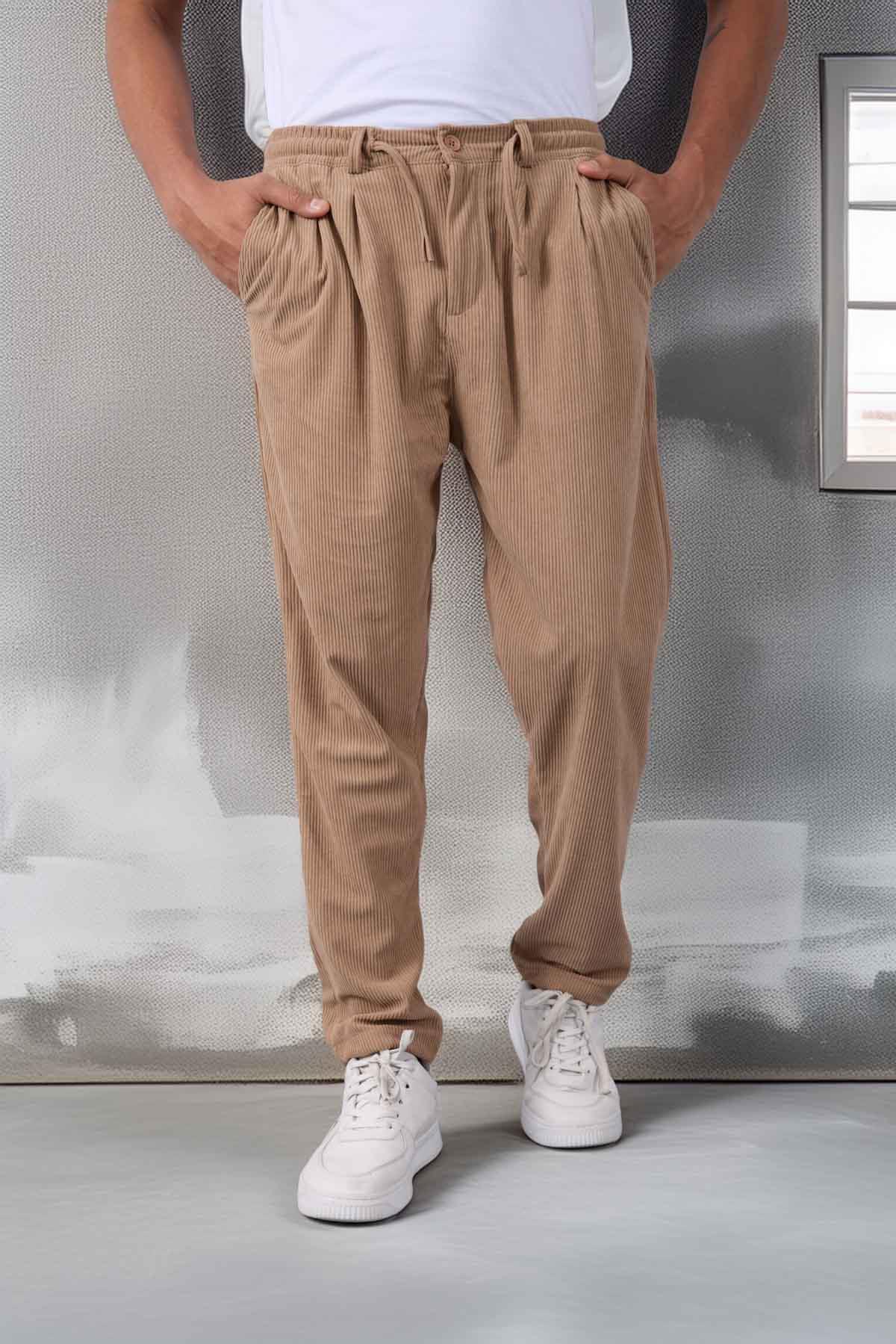 Roy Regular Fit Beli Lastikli Fitilli Kadife Kumaş Fermuarlı Jogger Erkek Pantolon - Bej · 5