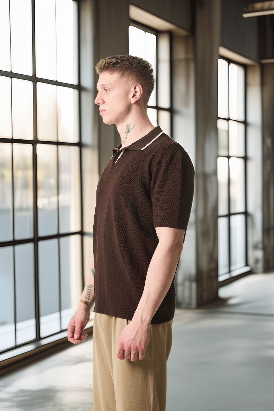 Yakası Şeritli Viskon Polo Yaka Triko Erkek T-Shirt - Kahve · 3