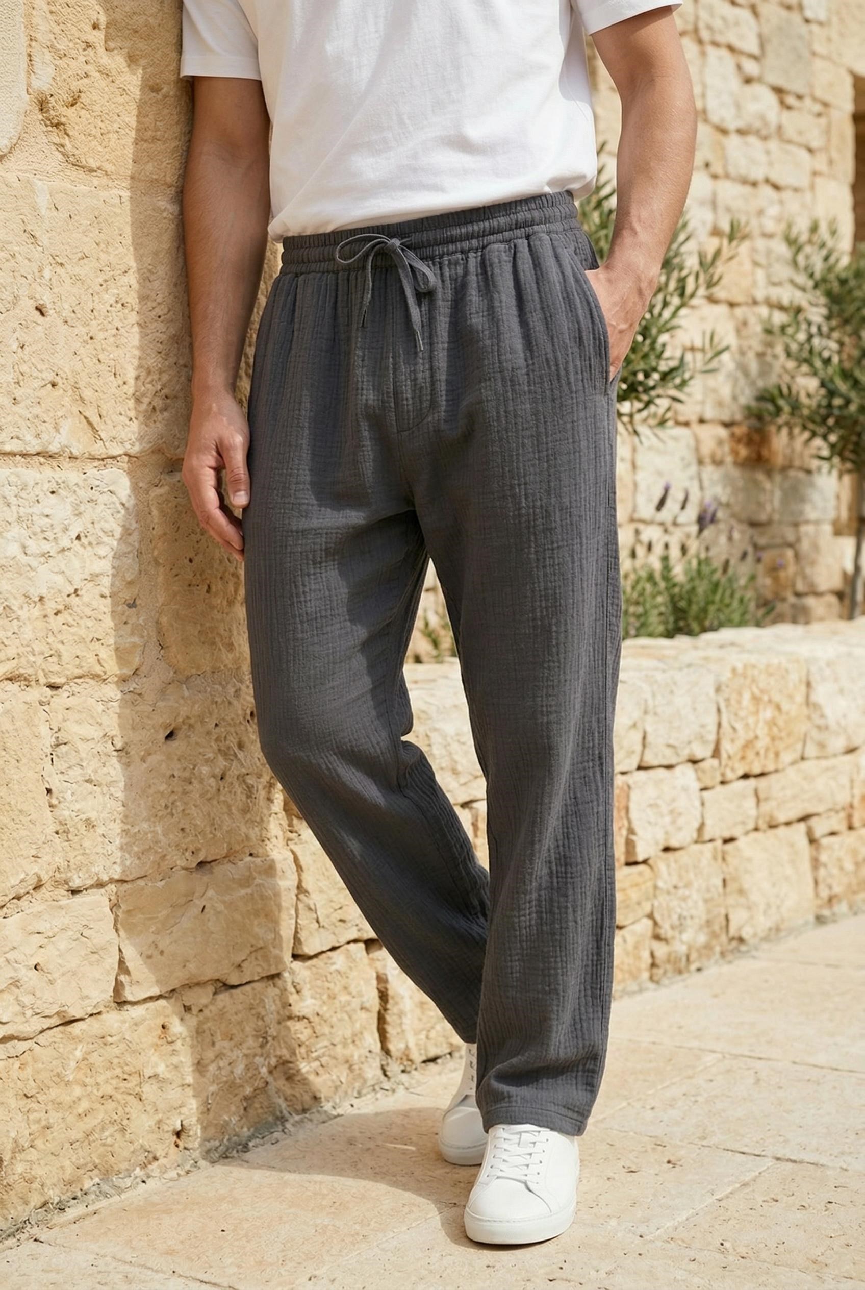 Hafif ve Rahat Müslin Baggy Erkek Pantolon - Füme