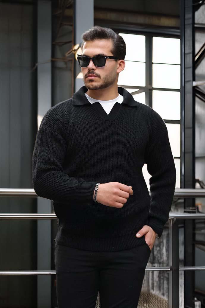 Joris Oversize Gömlek Polo Yaka Selanik Örgülü Erkek Triko Kazak - Siyah · 4