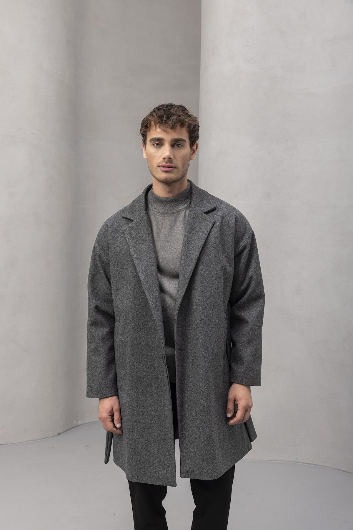 Carlo Oversize Kaşe Kumaş Fileto Cepli Kışlık Erkek Kaban - Füme · 4