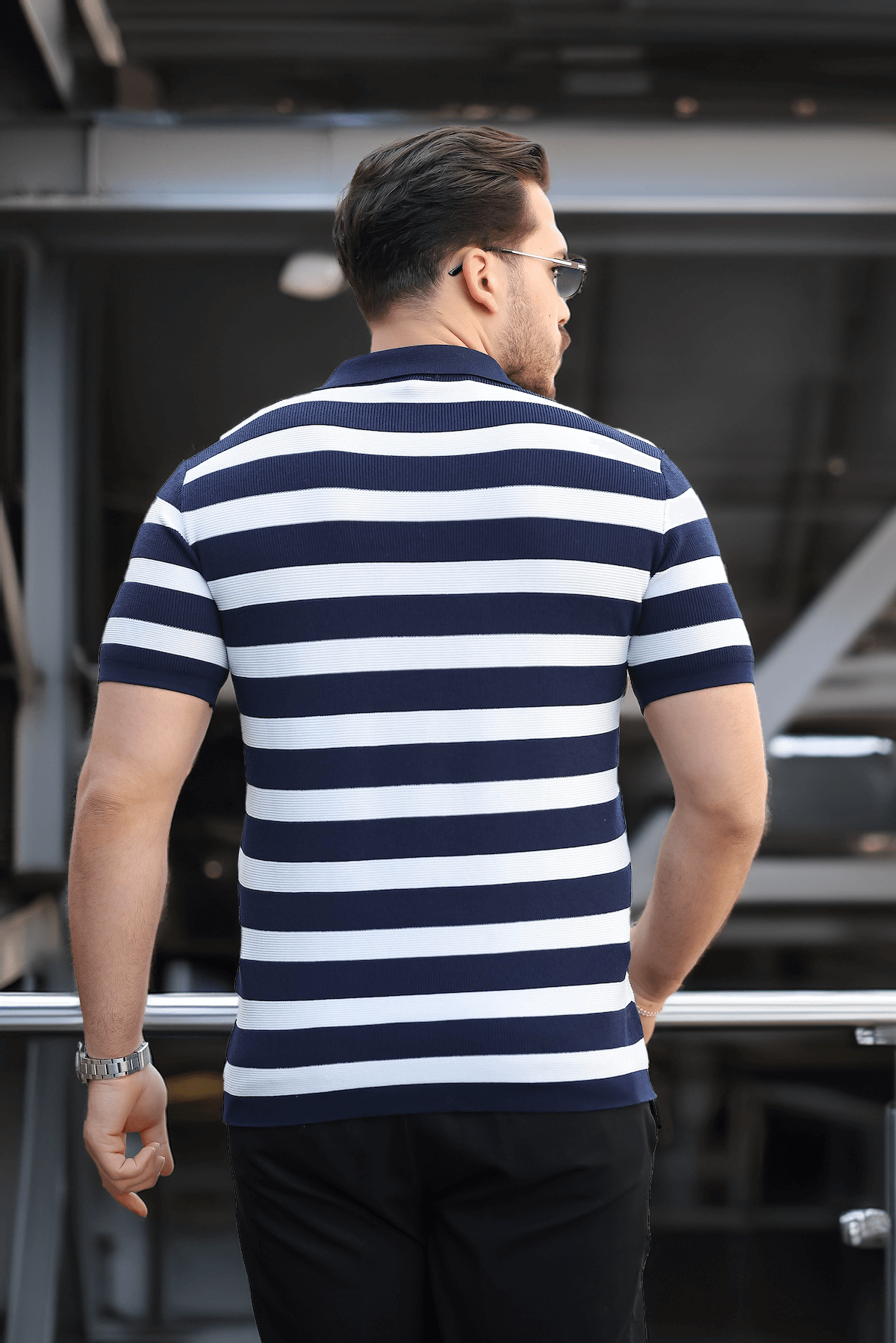 Premium Yan Çizgili Viskon Polo Yaka Triko Erkek T-Shirt - Lacivert · 4