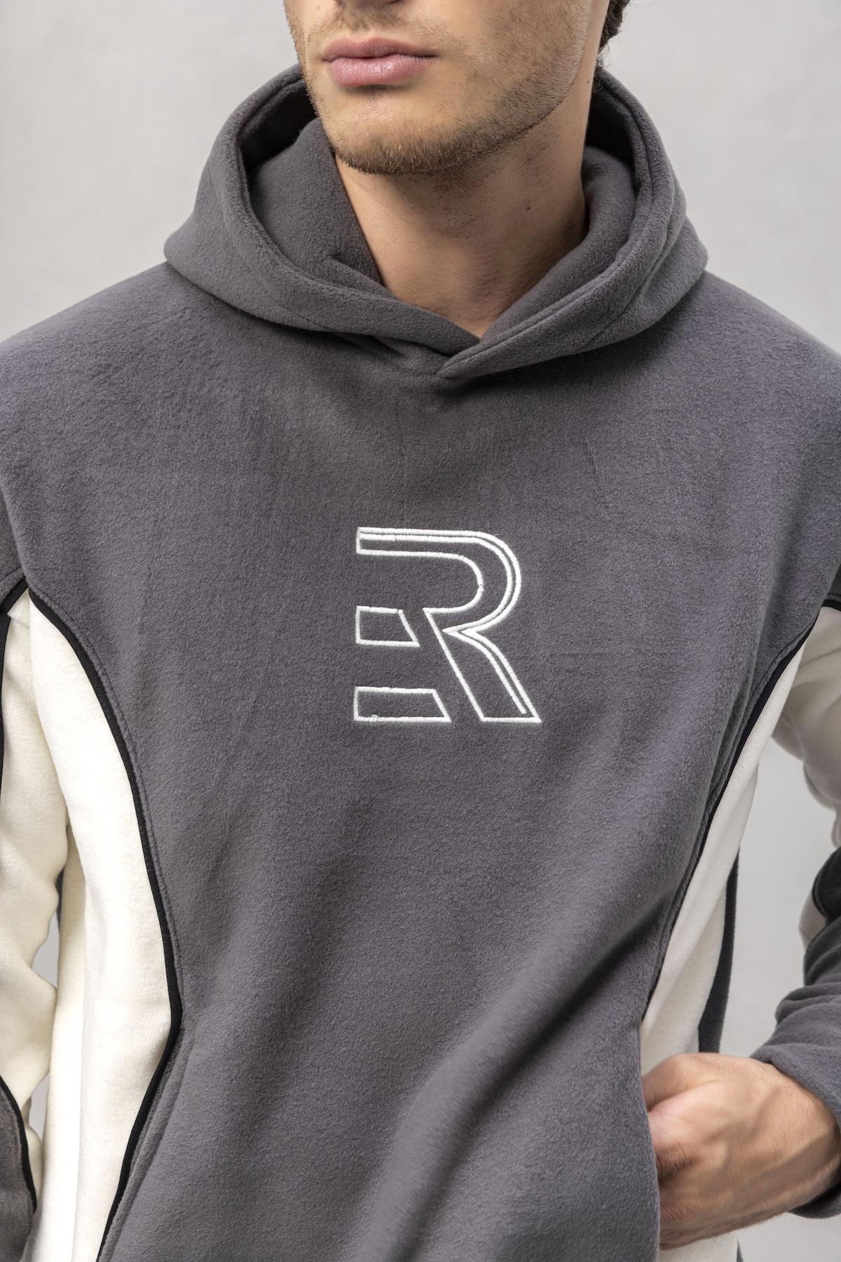 Frank Parçalı Kontrast Desenli Kapüşonlu Oversize Cepli Polar Erkek Sweatshirt - Füme · 3