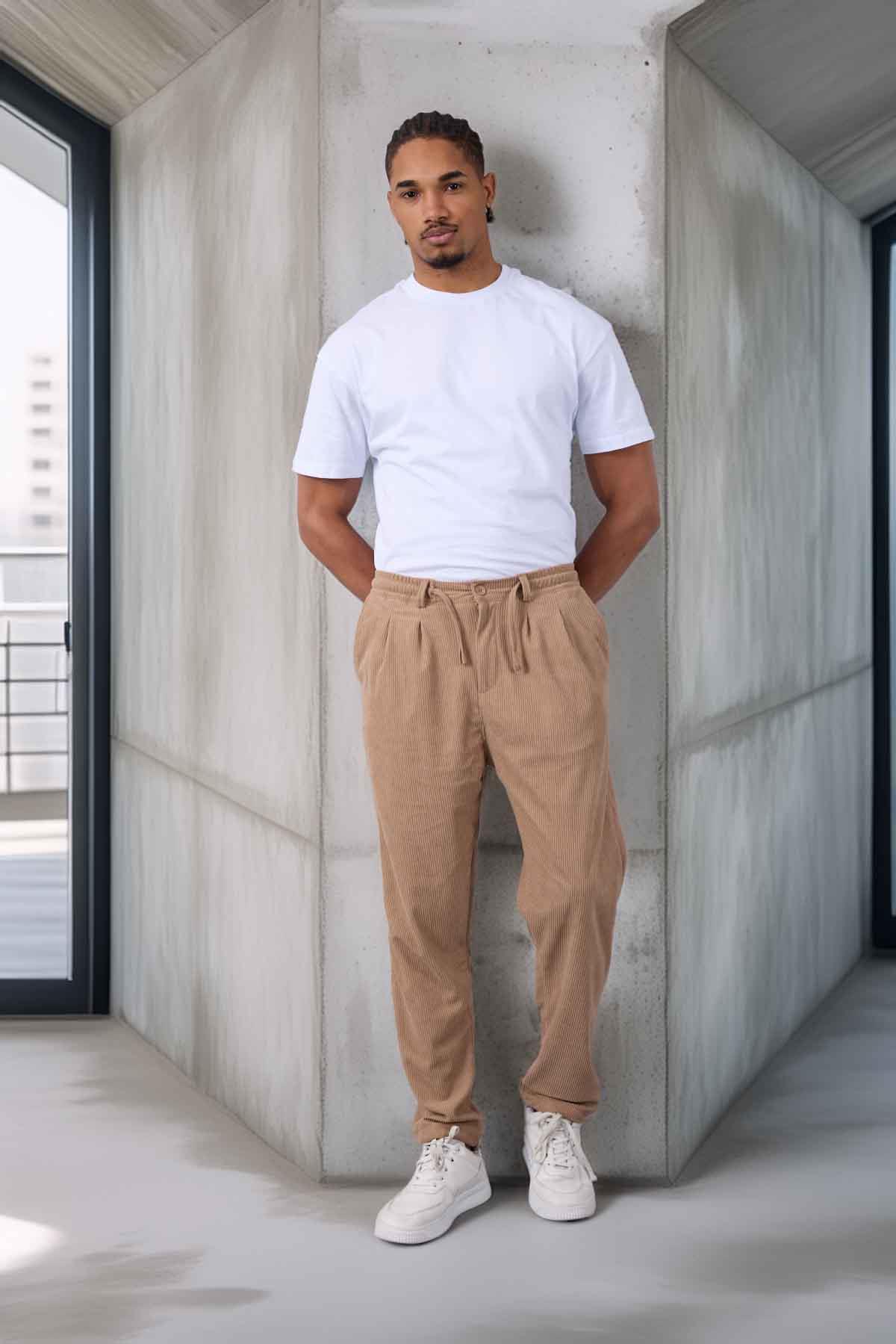 Roy Regular Fit Beli Lastikli Fitilli Kadife Kumaş Fermuarlı Jogger Erkek Pantolon - Bej · 3