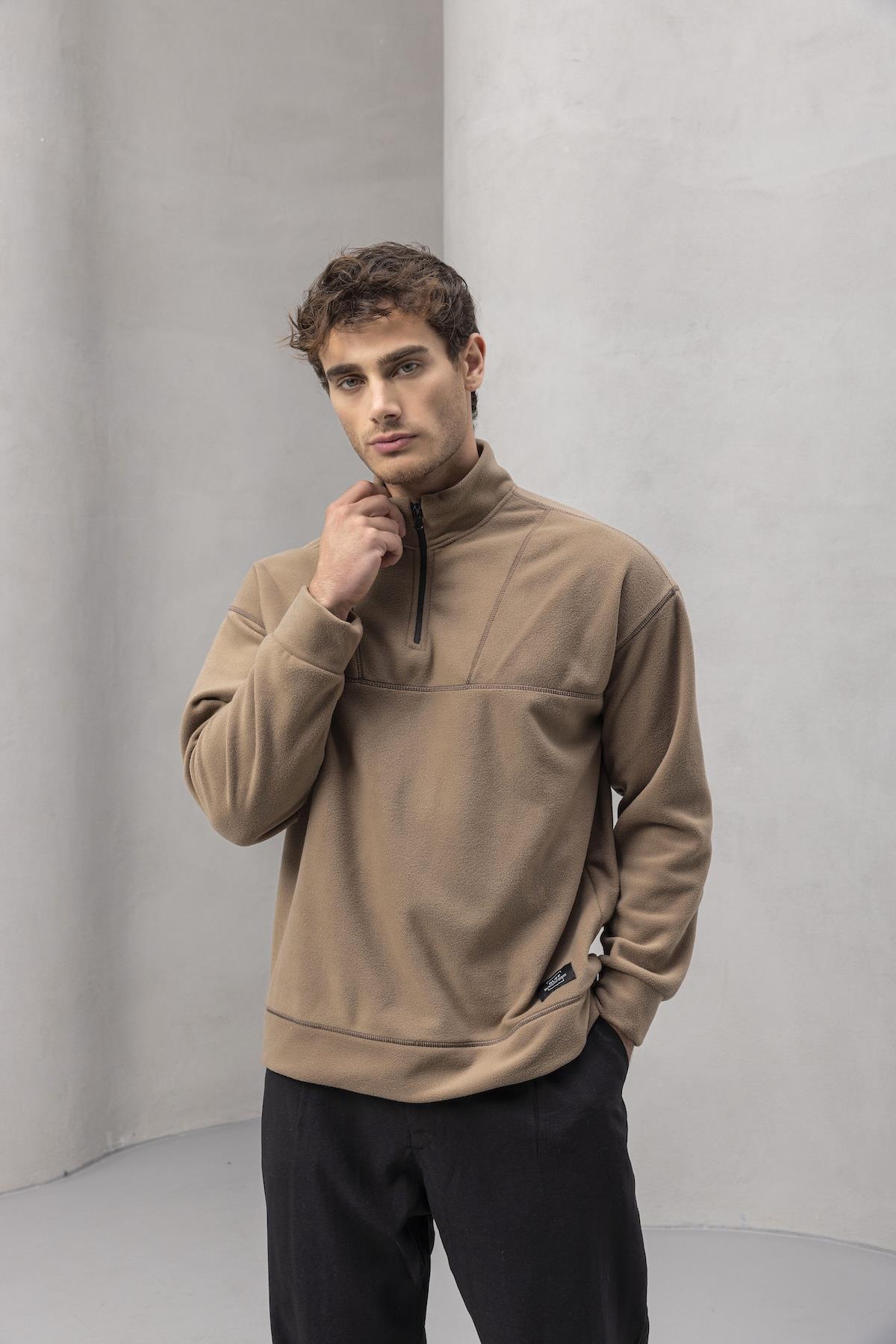 Crowe Çizgi Şeritli Oversize Yarım Fermuar Polar Erkek Sweatshirt - Bej · 2