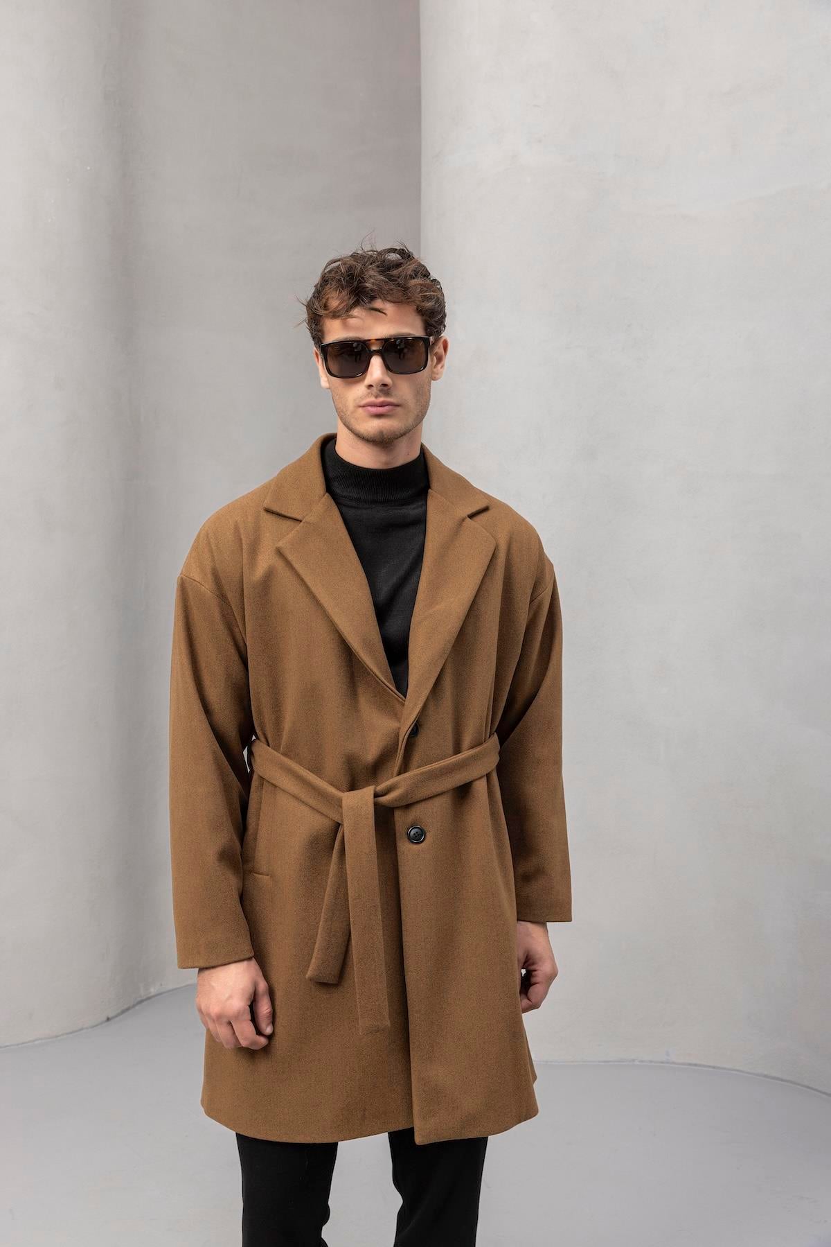 Carlo Oversize Kaşe Kumaş Yan Cepli Kışlık Erkek Kaban - Camel · 2
