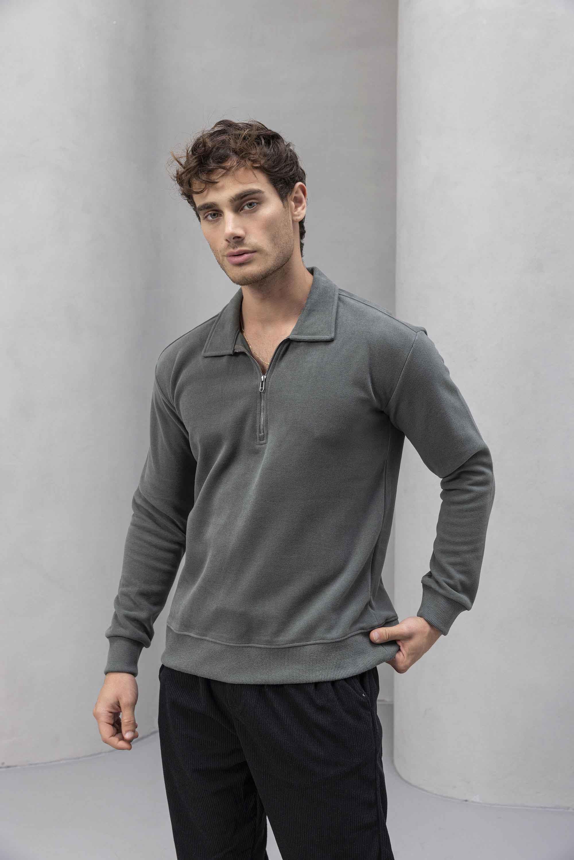 Eric Relax Fit Yarım Fermuarlı Polo Yaka Selanik Kumaş Erkek Sweatshirt - Avcı Yeşili · 6