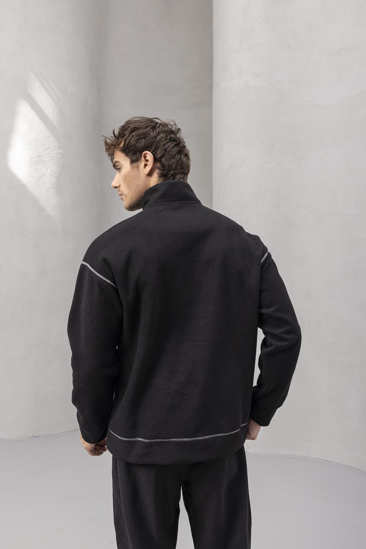 Crowe Çizgi Şeritli Oversize Yarım Fermuar Polar Erkek Sweatshirt - Siyah · 7
