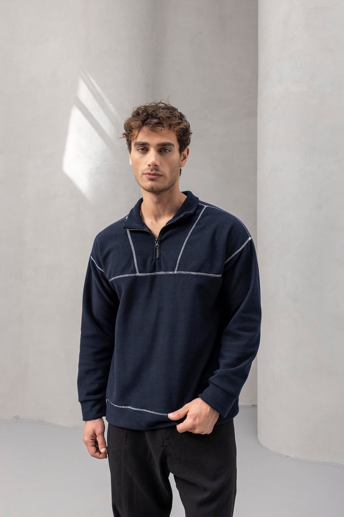 Crowe Çizgi Şeritli Oversize Yarım Fermuar Polar Erkek Sweatshirt - Lacivert · 4