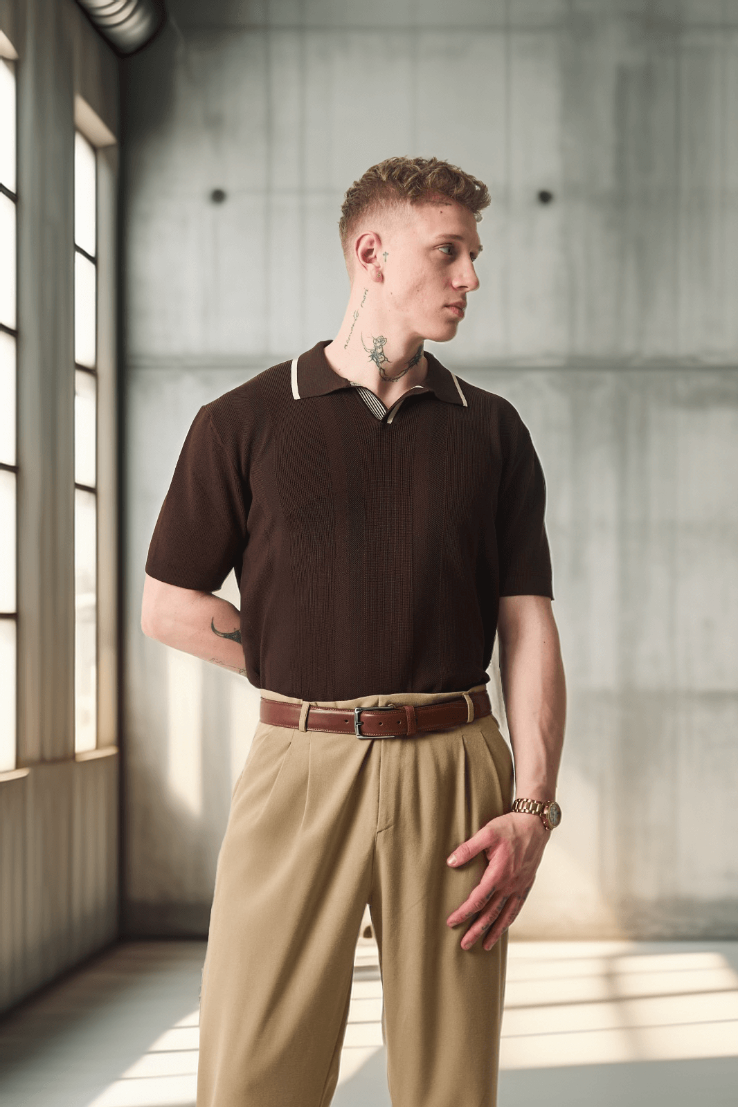 Yakası Şeritli Viskon Polo Yaka Triko Erkek T-Shirt - Kahve