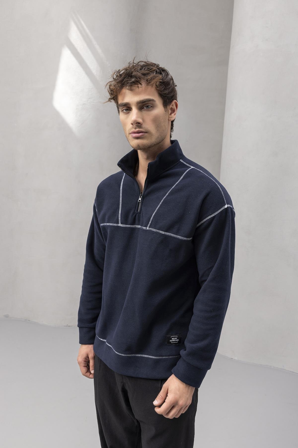 Crowe Çizgi Şeritli Oversize Yarım Fermuar Polar Erkek Sweatshirt - Lacivert · 3