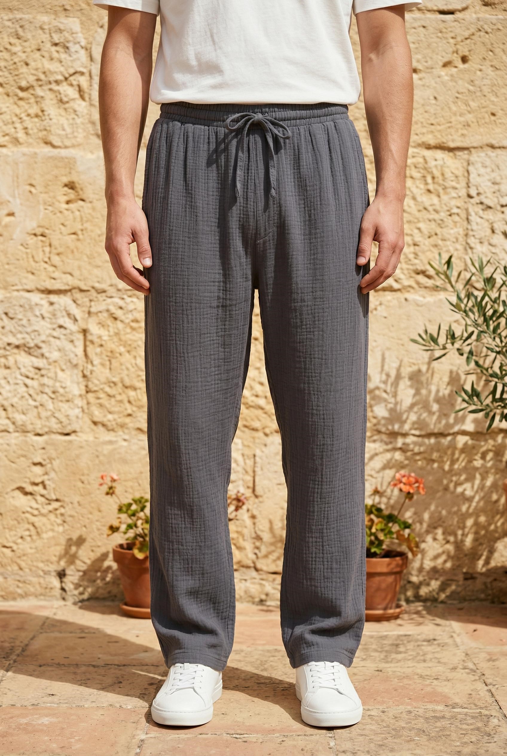 Hafif ve Rahat Müslin Baggy Erkek Pantolon - Füme · 3